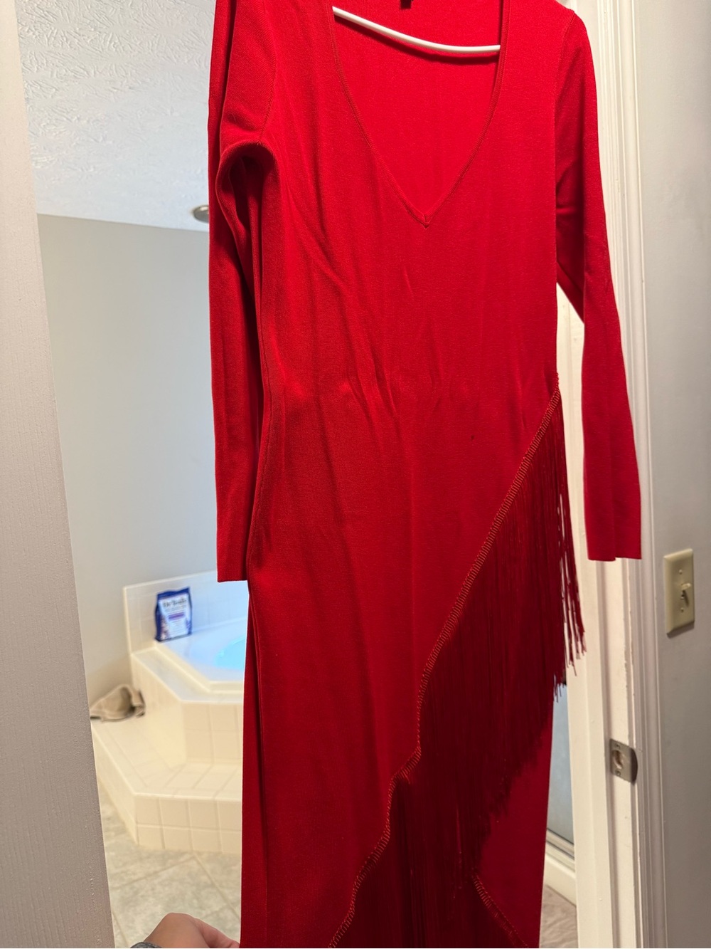 Fashion Nova Red Long-Sleeve V-Neck Fringe Dress